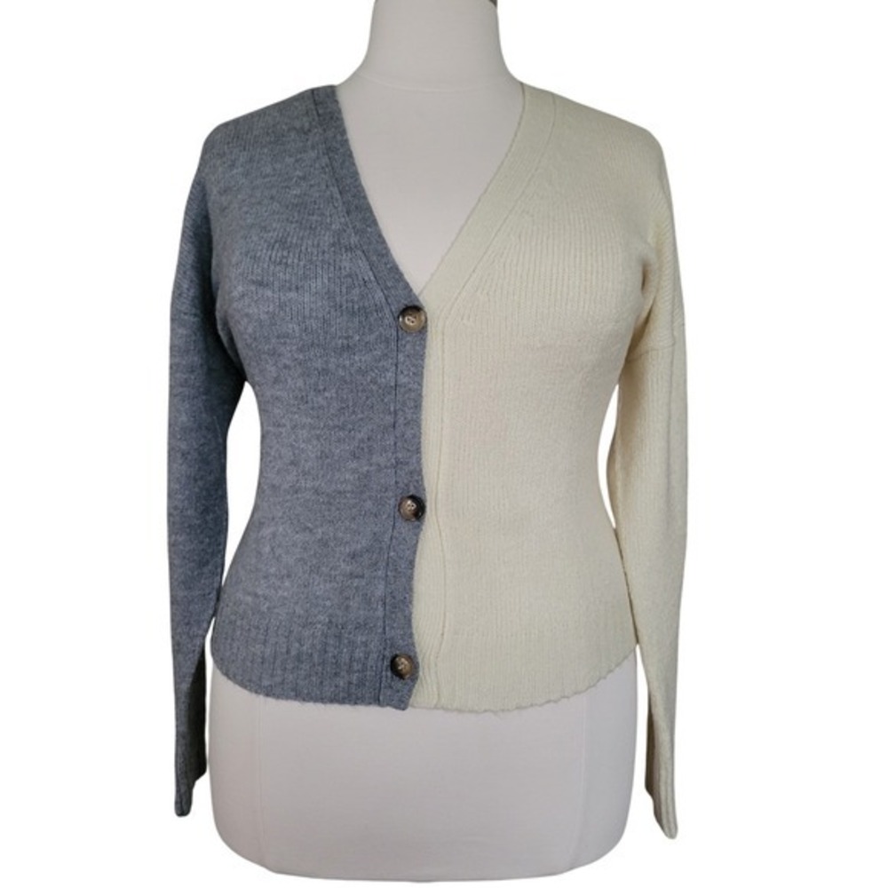 Olivia Sky Womens Colorblock Ribbed Cardigan Heather Grey Ivory XL 3119C NEW